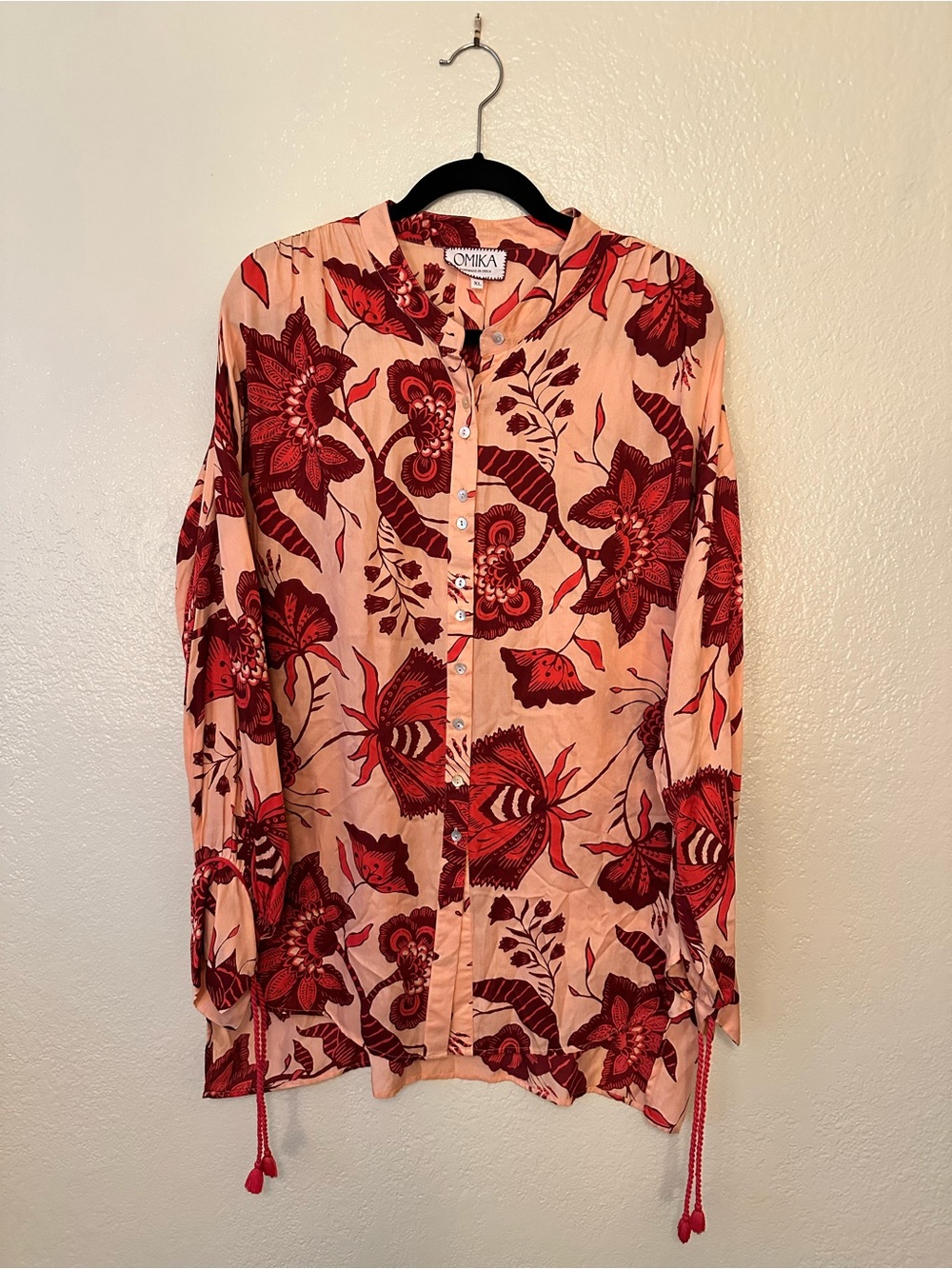 Omika Button Down Floral Blush Pink Red Boho